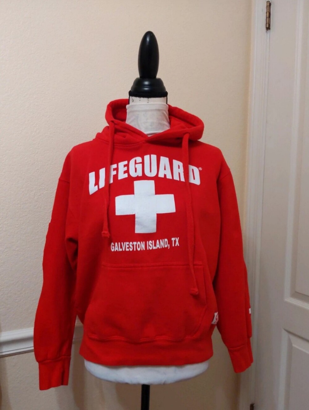Lifeguard Hoodie Red White Kangaroo Pocket Drawstring Hood Galveston Texas Med.